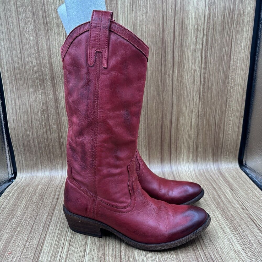 Frye Carson Western Cowboy Boots Women 6 Red Leather Mid Calf Pointed Toe 77685